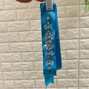 Turquoise Blue Satin Flower Girl belt with beaded Center Detail